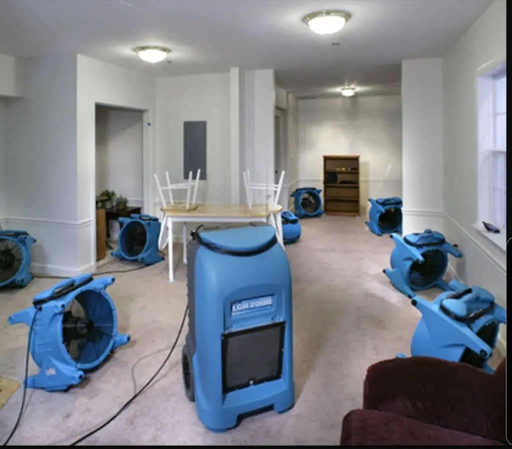 Air movers and dehumidifier setup for Water Extraction & Removal in Delta